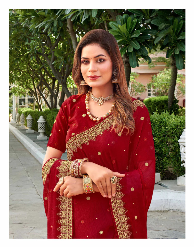 Pure Satin Silk Saree Falooda Geometric Embroidered along with zari and Stone Work