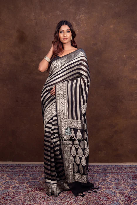 Black Rangkat Khaddi Georgette Handloom Banarasi Saree