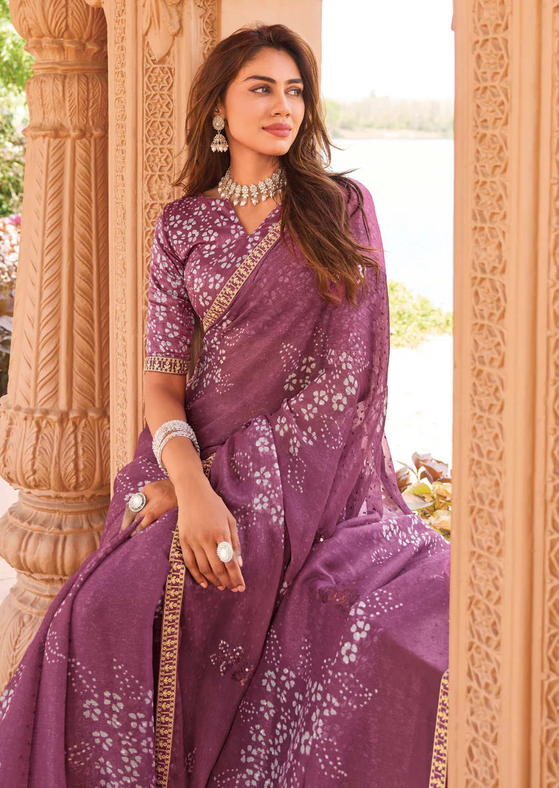 Floral Printed Tissue Organza Saree in Wine Plum Color with Unstitched Blouse