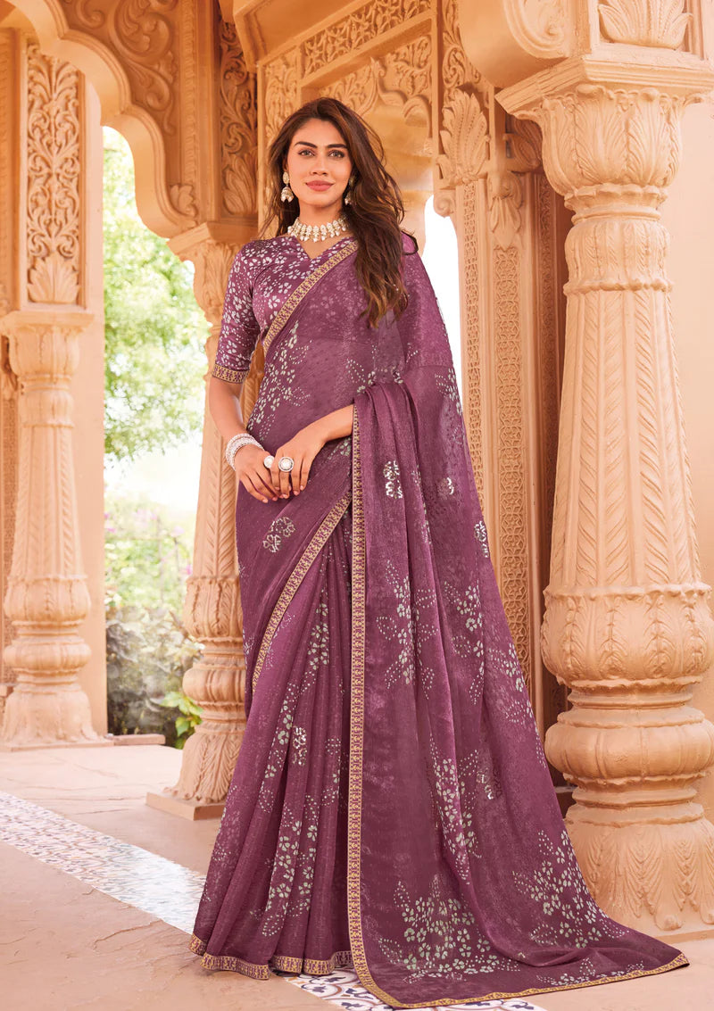 Floral Printed Tissue Organza Saree in Wine Plum Color with Unstitched Blouse