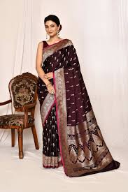 Cranberry Maroon Mushru Satin Semi Katan Banarasi Handloom Silk Saree