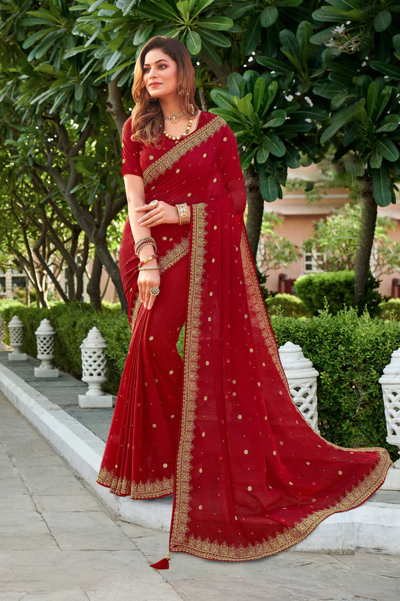 Pure Satin Silk Saree Falooda Geometric Embroidered along with zari and Stone Work
