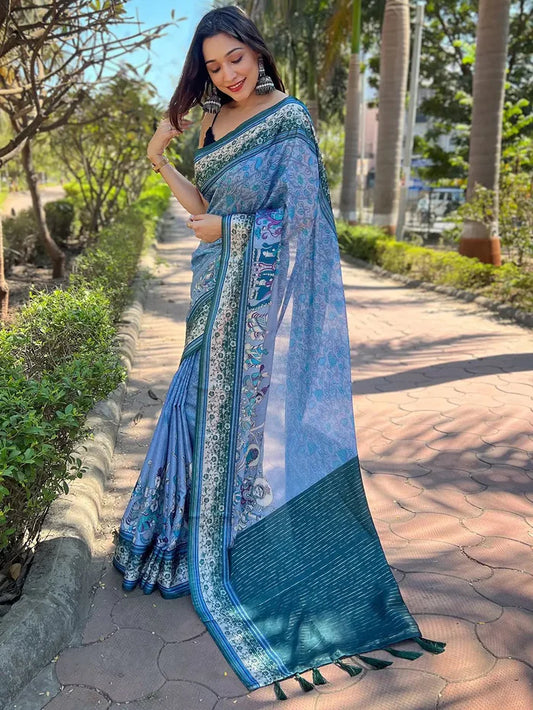 Blue Kota Silk Printed Saree
