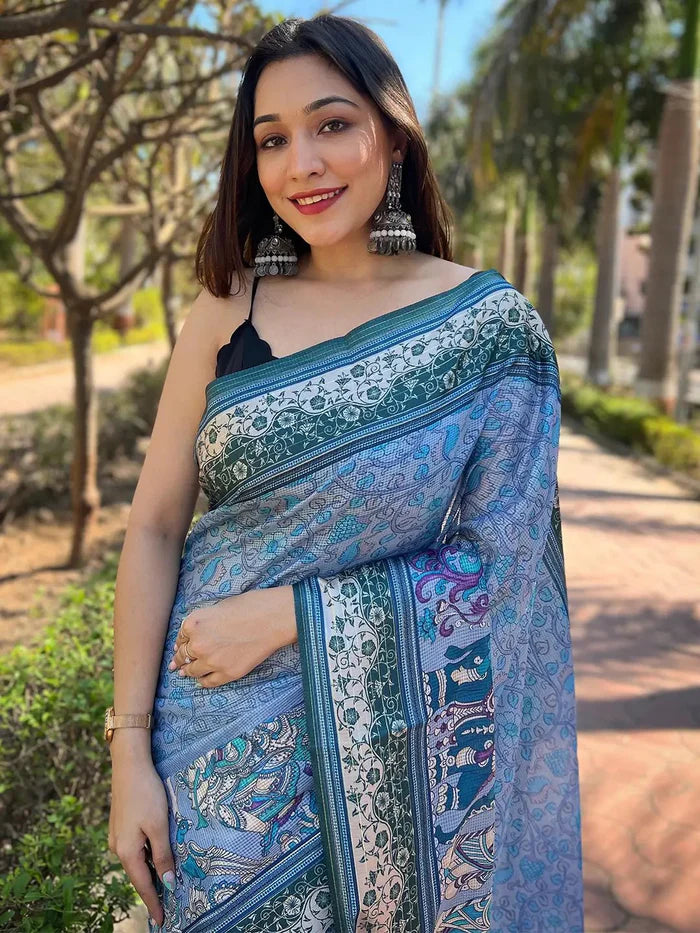 Blue Kota Silk Printed Saree
