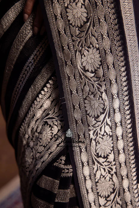 Black Rangkat Khaddi Georgette Handloom Banarasi Saree