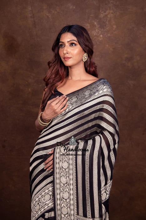 Black Rangkat Khaddi Georgette Handloom Banarasi Saree