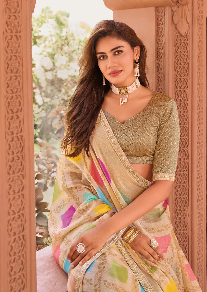 Madhubala Geometric Printed Pure Satin Silk Saree