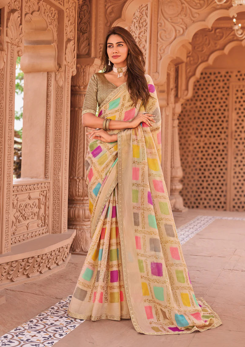 Madhubala Geometric Printed Pure Satin Silk Saree