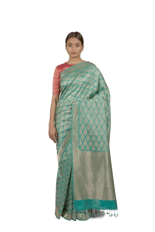 Pure Mulberry Silk Kadhuan Brocade Border Green Saree with Zari Pallu and Fakhuwan Body