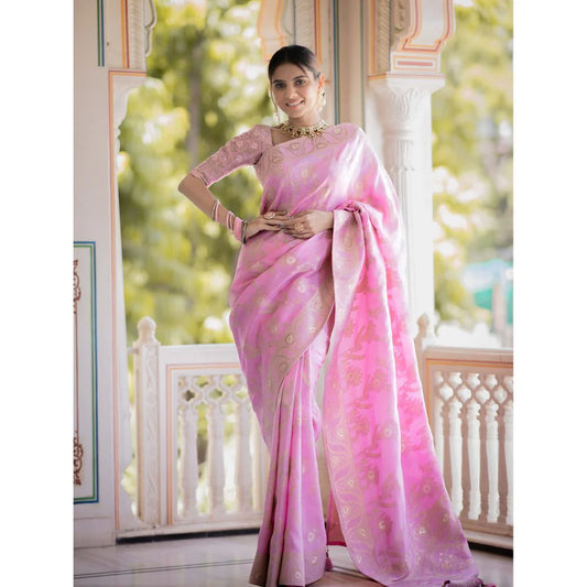 ZILIKAA Baby Pink Banarasi Uppada Silk Saree with Unstitched Blouse