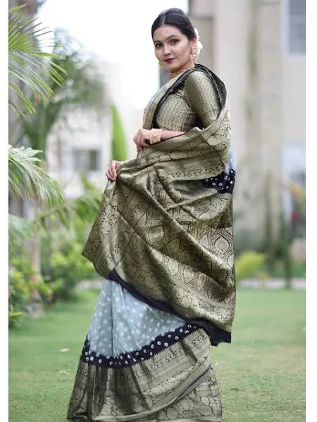 Grey Purple Pure Silk Bandhani Sarees