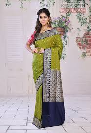 Double Tone Green Semi Katan Silk Saree with Blue Border